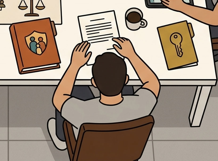 Una persona está sentada en una mesa leyendo un documento, con dos grandes libros -uno con un escudo familiar y otro con una llave- cerca, y una taza de café. También se ve la mano de otra persona con una tableta sobre la mesa. protección legal familiar en Barcelona