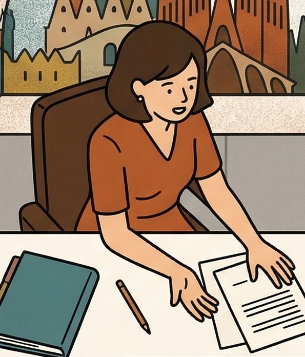 Una mujer ilustrada con pelo castaño y vestido naranja está sentada ante un escritorio, revisando unos papeles. Un libro y un lápiz descansan sobre el escritorio, con una ilustración de un paisaje urbano de fondo. protección legal familiar en Barcelona