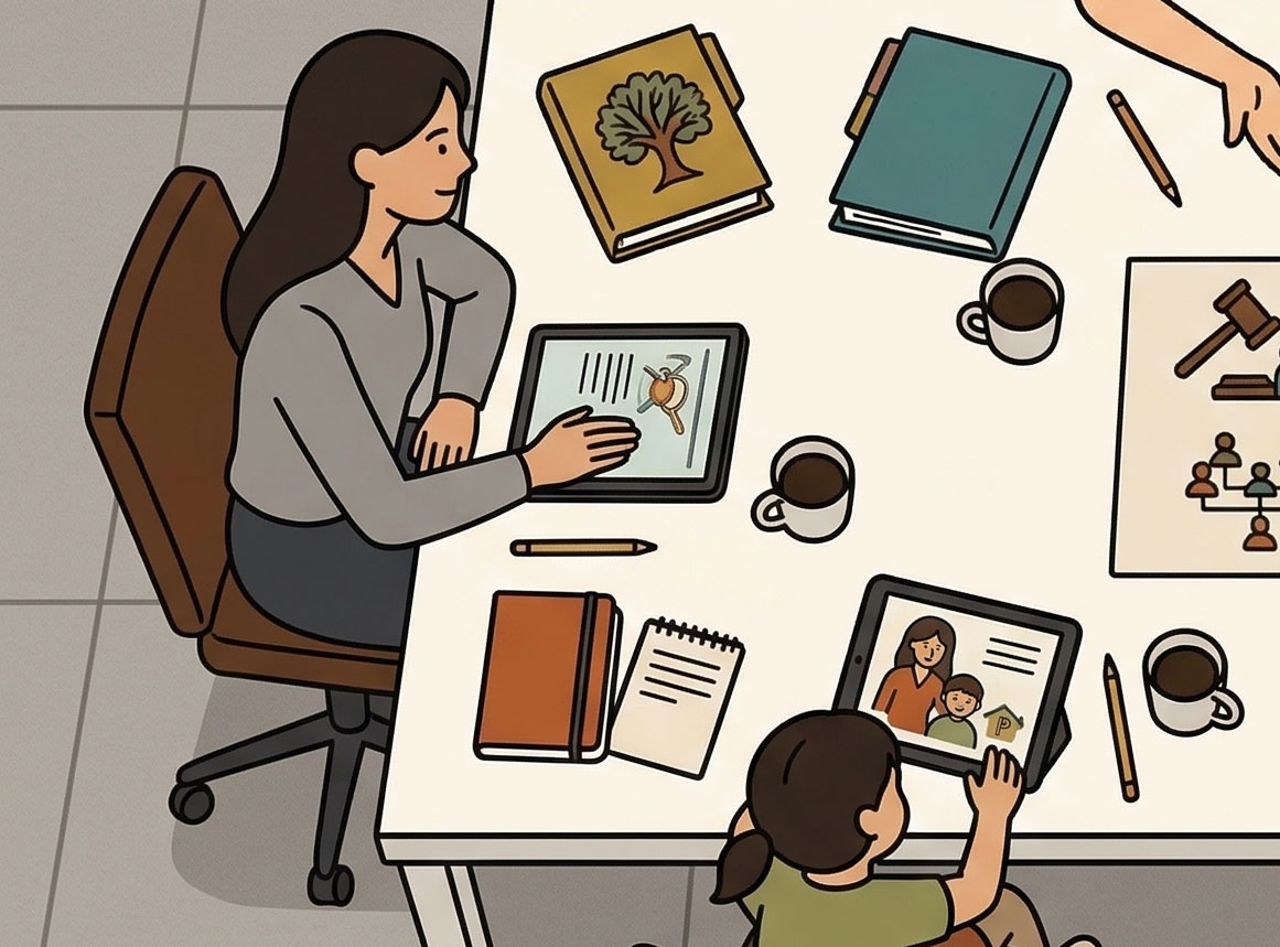 Una mujer y un niño se sientan a una mesa con libros, cuadernos, tazas de café y tabletas. La mujer mira una tableta que muestra un mazo, mientras que el niño mira una tableta que muestra una foto familiar. protección legal familiar en Barcelona