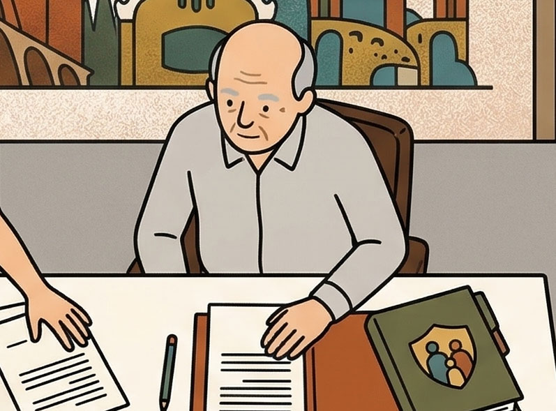 Un hombre mayor con la cabeza calva está sentado ante un escritorio, mirando unos documentos. Una mano le pasa un papel y sobre la mesa hay una carpeta con un escudo familiar. Detrás de él, en la pared, hay un colorido cuadro abstracto. protección legal familiar en Barcelona