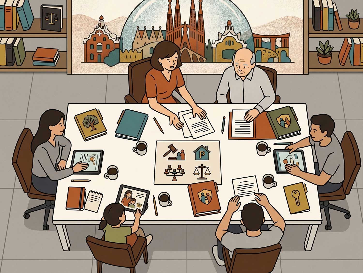 Cinco personas de distintas edades se sientan alrededor de una mesa con libros, papeles, café y tabletas. En la mesa hay iconos de la justicia y el derecho. Un mural de edificios famosos está en la pared detrás de ellos. La habitación está llena de estanterías. protección legal familiar en Barcelona